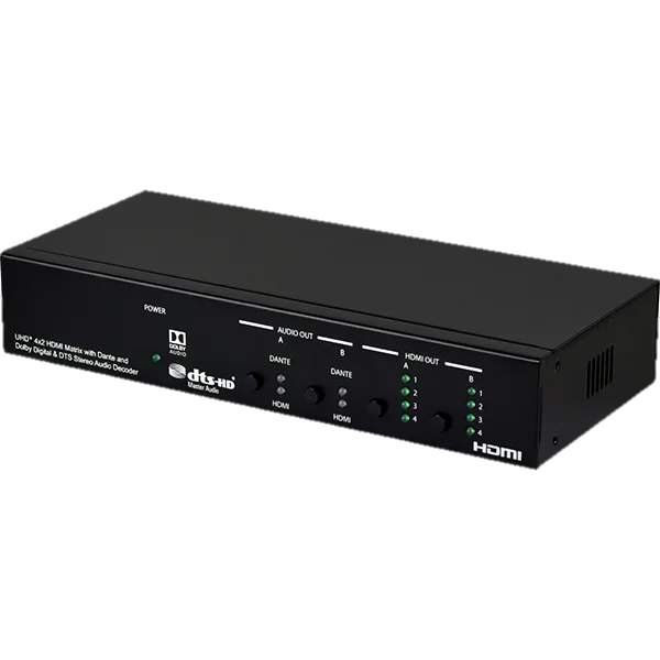 UHD+  4x2 HDMI Matrix with Dante and Dolby Digital & DTS Stereo Audio Decoder