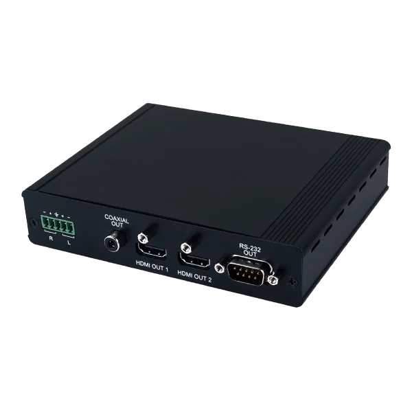HDBaseT to Dual HDMI Receiver with Bi-directional 24V PoC and Audio De-embedding